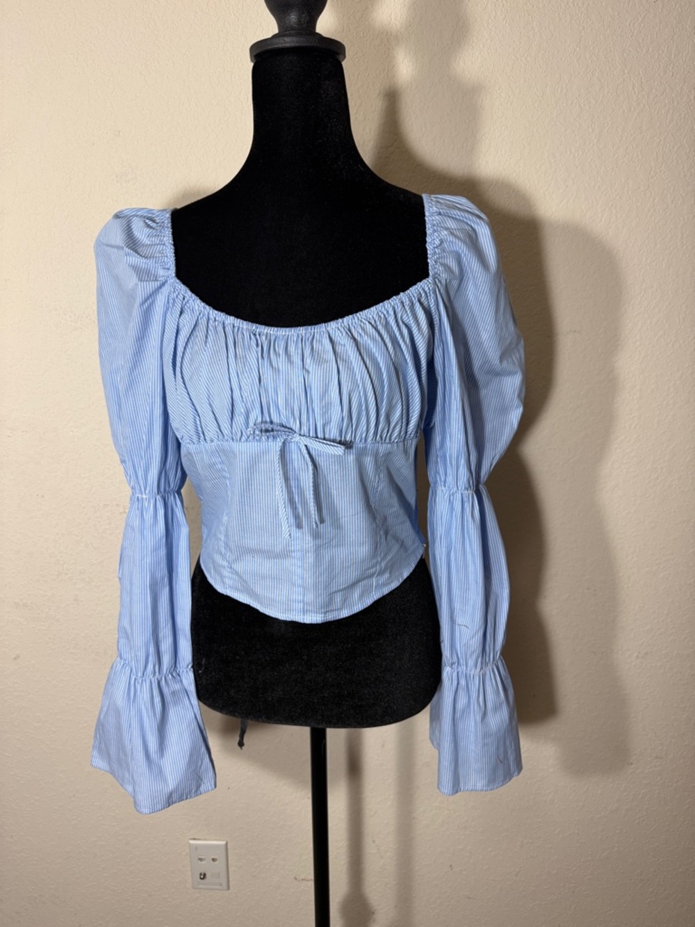 Freshman Blue White Striped Puff Sleeve Top Cottagecore Milkmaid Boho L